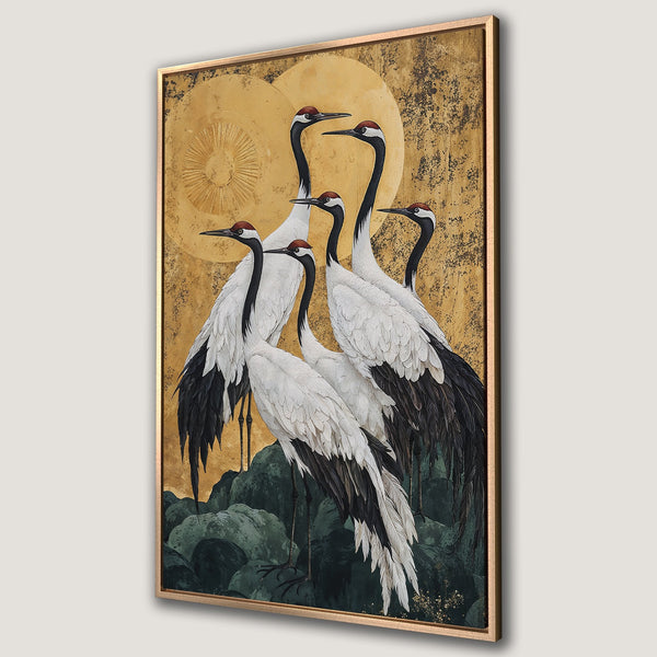 Framed Wall Art featuring elegant cranes in a Japanese-inspired style, with a gold and dark green color palette, perfect for adding a touch of zen to your space.