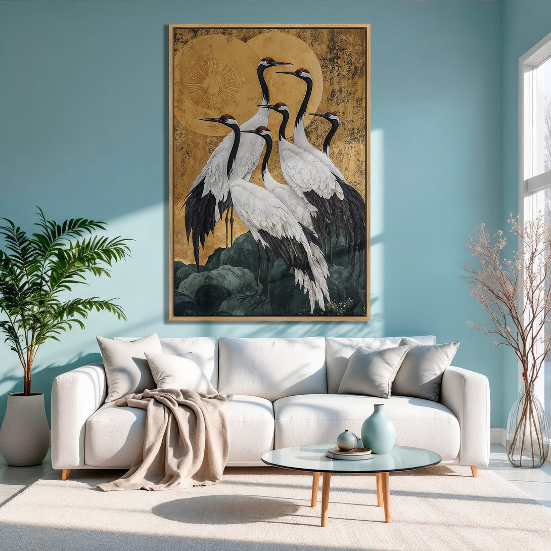 Framed Wall Art featuring elegant crane illustration in gold and black, displayed in a modern living room with a calming blue color palette.