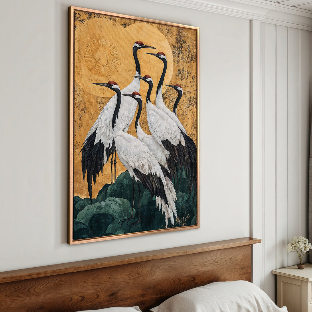 Framed Wall Art featuring elegant cranes in a gold, black, and white palette. Perfect for adding a touch of zen to your bedroom decor.