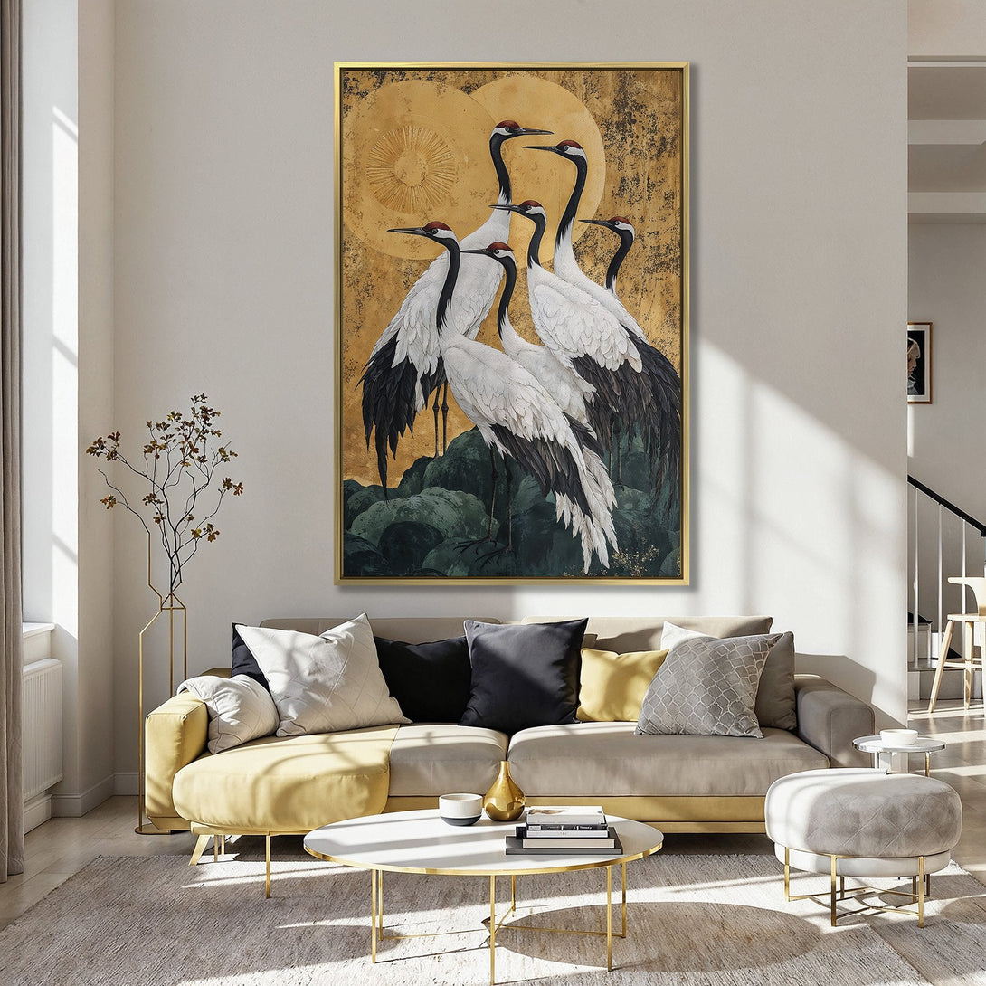 Canvas Print of cranes in a vintage style, featuring a gold and green color palette, perfect for adding elegance to your home decor.