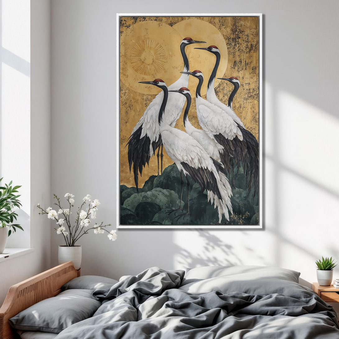 Framed Wall Art featuring elegant crane painting in gold, black, and white. Perfect for bedroom decor, adding a touch of sophistication and serene style.