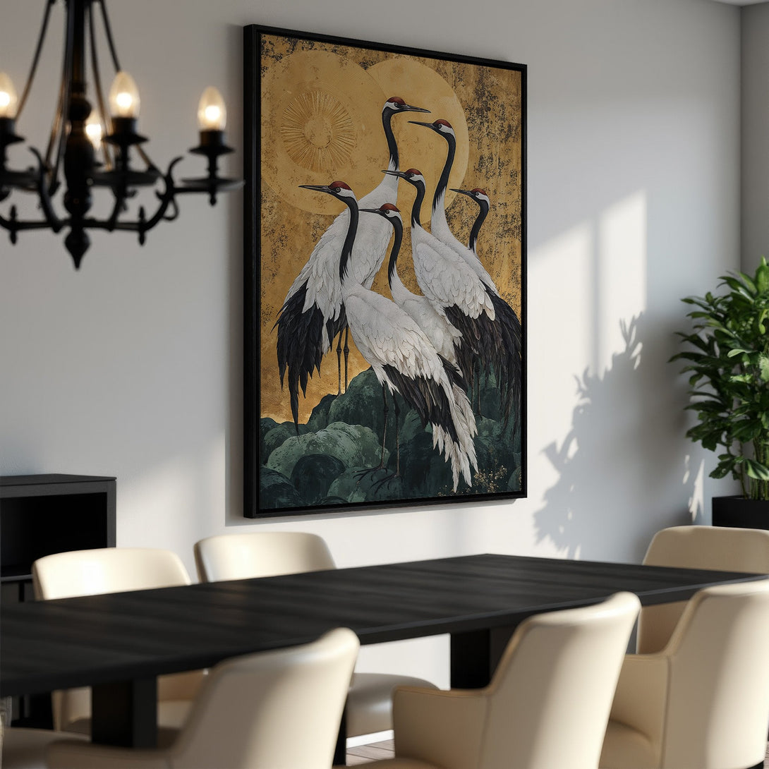 Framed Wall Art featuring elegant cranes with a gold and green background. Modern, stylish art for your home. A beautiful addition to your dining room.