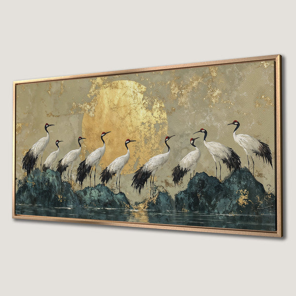 Framed Wall Art: Elegant crane painting in muted gold, teal, and white tones. Adds a touch of zen to any space. Shop now!