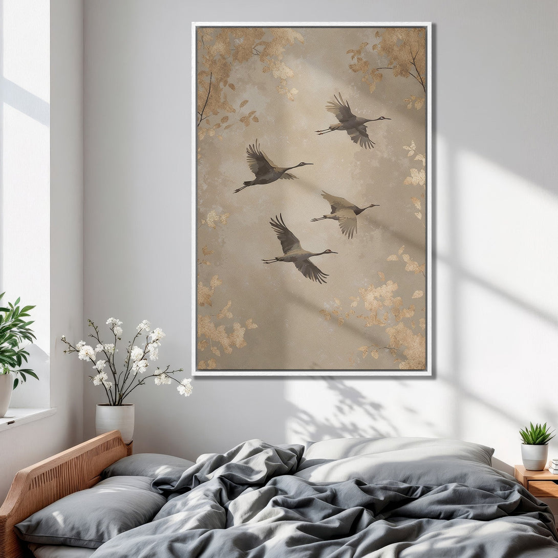 Framed Wall Art featuring flying cranes in a serene, neutral color palette. Adds a touch of elegance and tranquility to any space. Perfect bedroom decor!