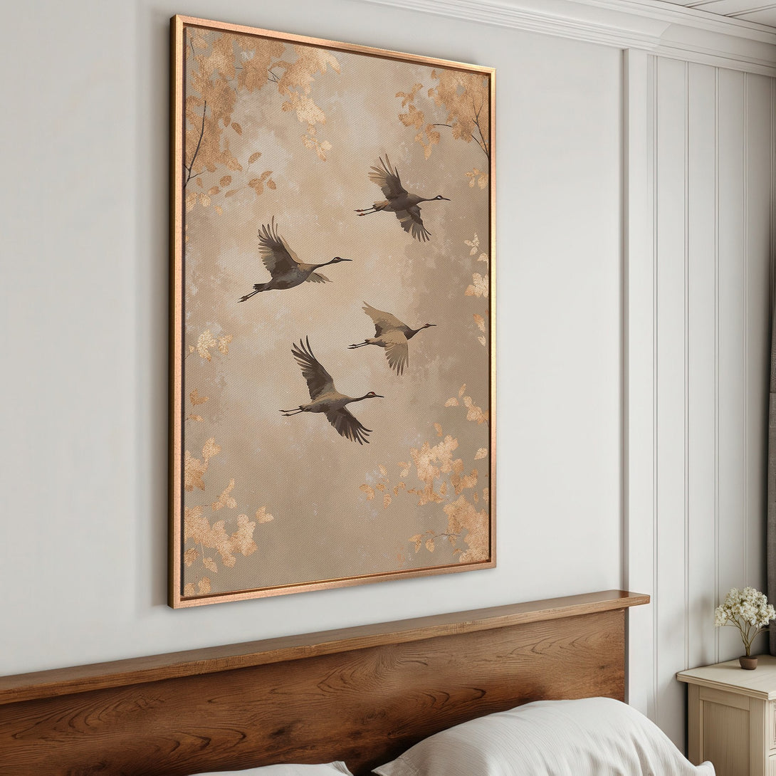 Framed Wall Art featuring elegant cranes in flight, a serene and neutral color palette, perfect for adding a touch of nature to your home decor.