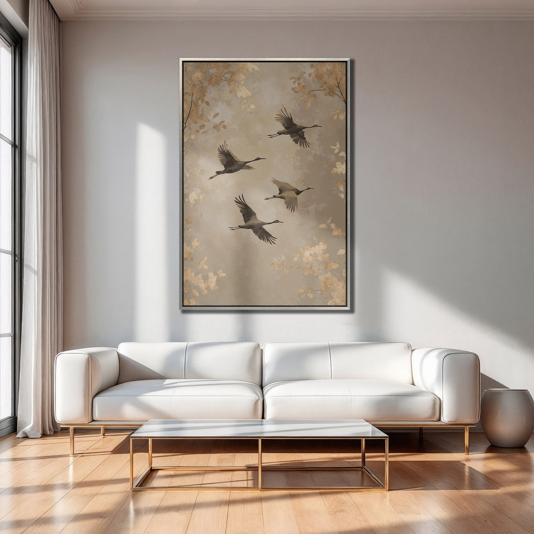 Framed Wall Art featuring cranes in flight. Neutral color palette with gold accents. Modern interior decor. Canvas Print for living room.