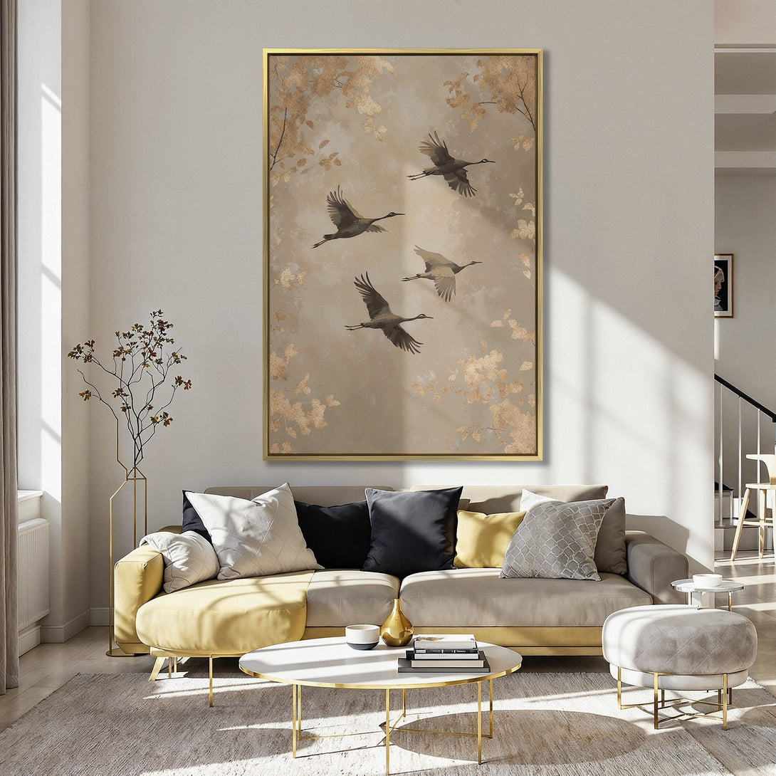 Canvas Print featuring graceful cranes in flight, a serene nature scene with a neutral and gold color palette, perfect for adding elegance.