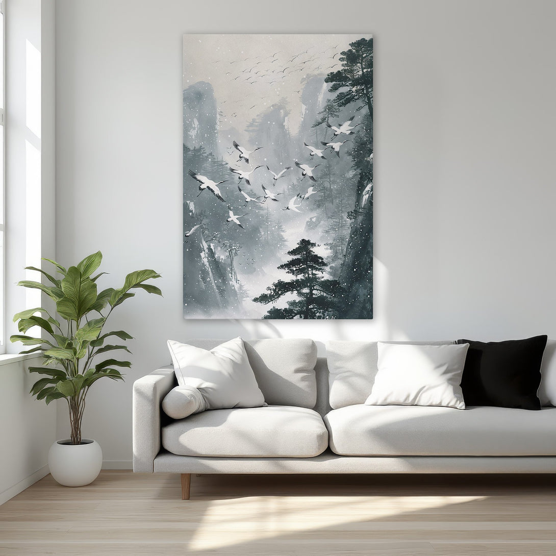 Framed Wall Art: Serene landscape with flying cranes, in a muted teal and gray palette. Perfect for adding elegance to your bedroom decor.