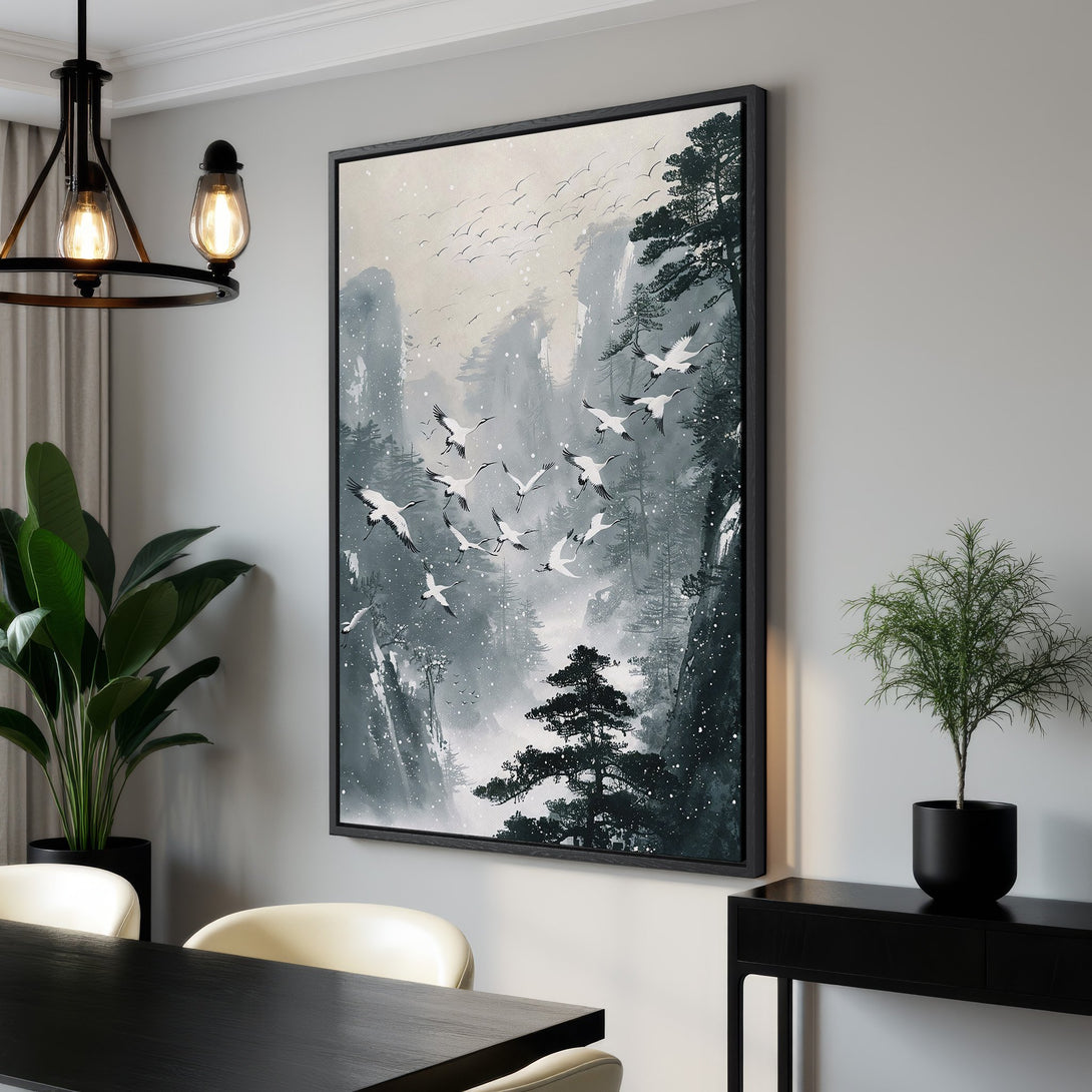 Framed Wall Art featuring a serene landscape with cranes.  Asian-inspired style with a calming blue and white color palette.  Perfect for home decor.