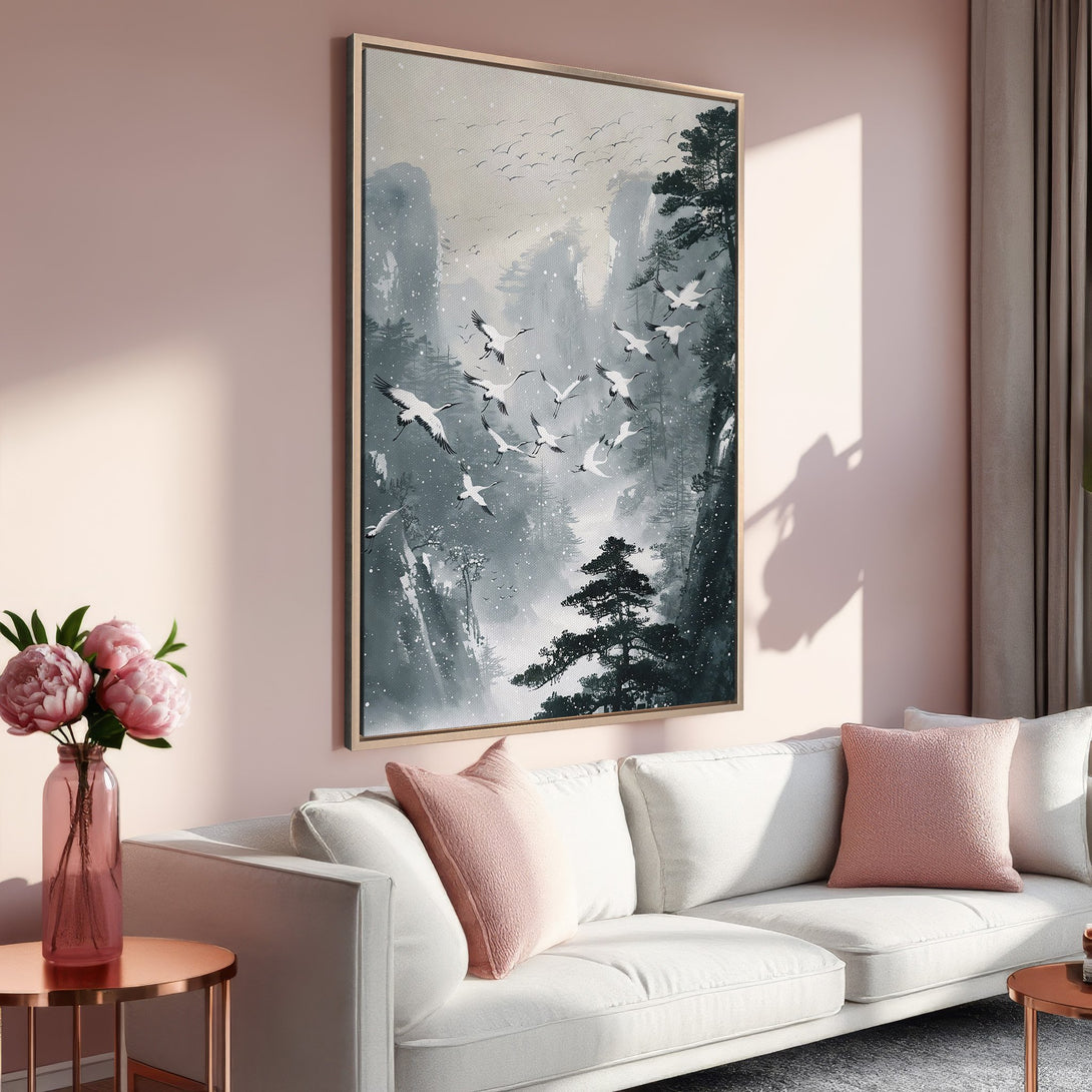 Framed Wall Art: Serene landscape Canvas Print in muted blues & grays, featuring flying cranes. Perfect for a calming living room. Shop now!