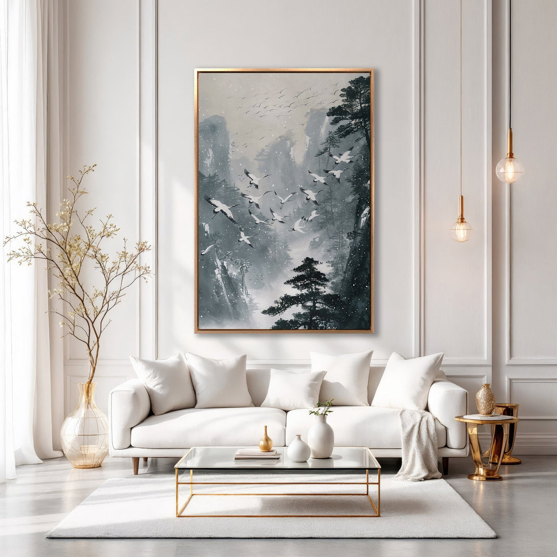Framed Wall Art: Serene landscape Canvas Print with flying cranes, in a calming gray and white palette, perfect for modern home decor.