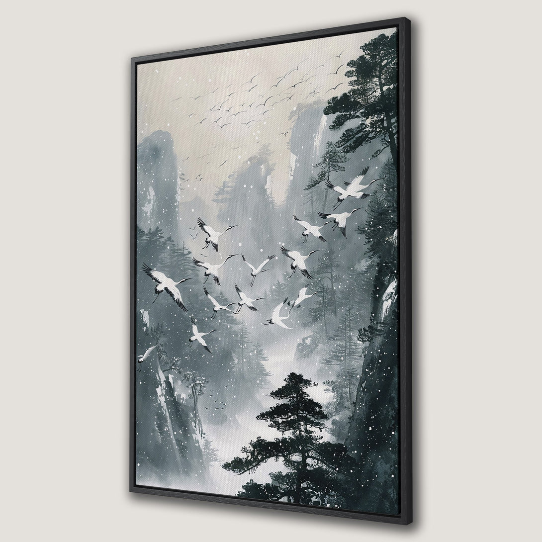 Framed Wall Art: Serene Asian-inspired landscape with cranes, trees, and mountains in a muted teal and gray color palette. Perfect for adding tranquility!