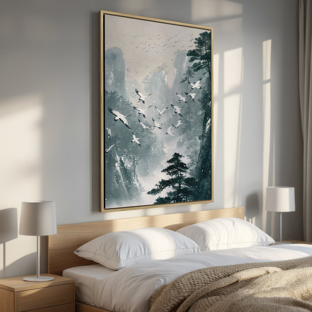 Framed Wall Art: Serene landscape Canvas Print with cranes in a muted teal and gray color palette, perfect for bedroom decor.