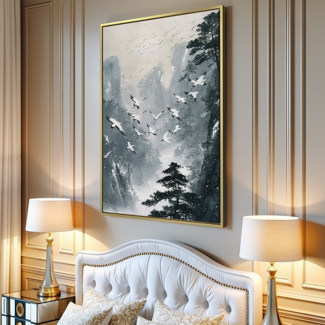 Canvas Print of a serene mountain landscape with flying cranes, in a muted blue and gray palette. Perfect for adding a touch of zen to your home.