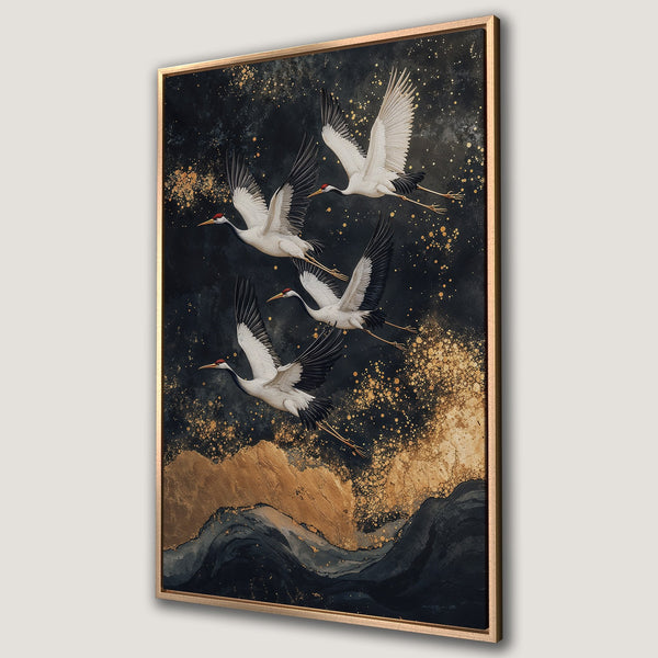 Framed Wall Art featuring elegant cranes in flight. Stunning black, gold, and white color palette. Perfect for adding a touch of sophistication to any space.