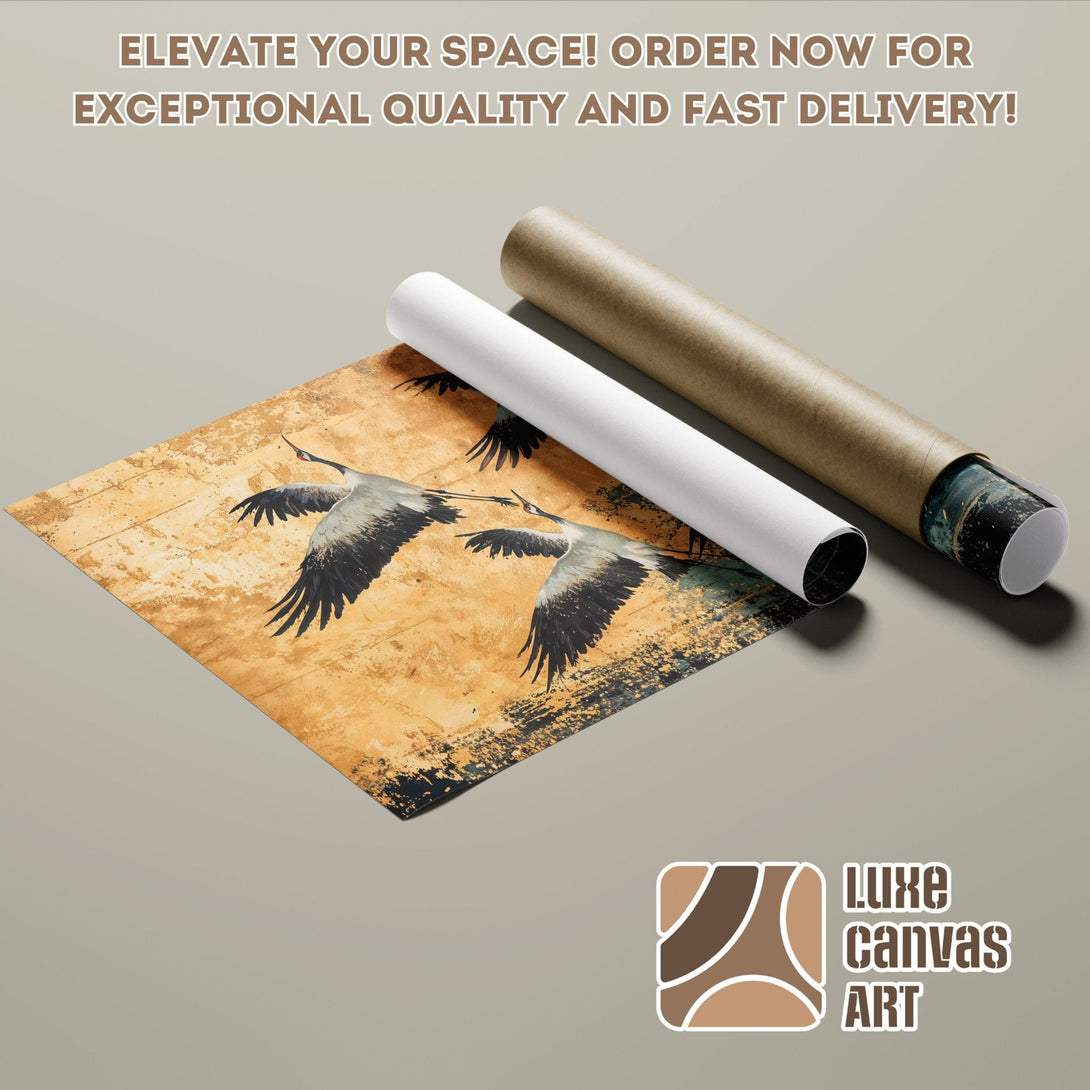 Poster Roll featuring cranes in flight, gold and black tones, artistic style.
