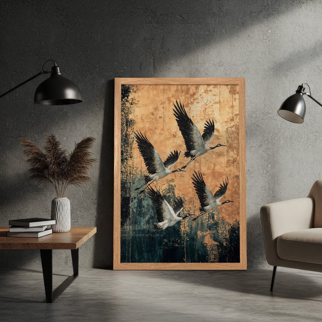 Framed Poster featuring elegant cranes in flight, with a vintage style and warm, earthy color palette. Perfect for home decor!