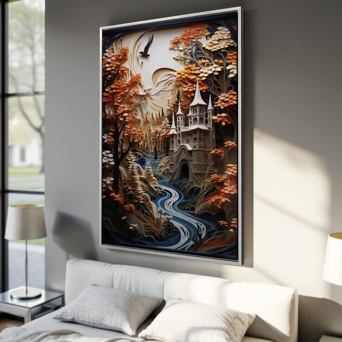 Framed Wall Art: Fantasy castle scene in warm orange & brown tones. Unique art style adds a touch of whimsy. Perfect for adding character to any room.