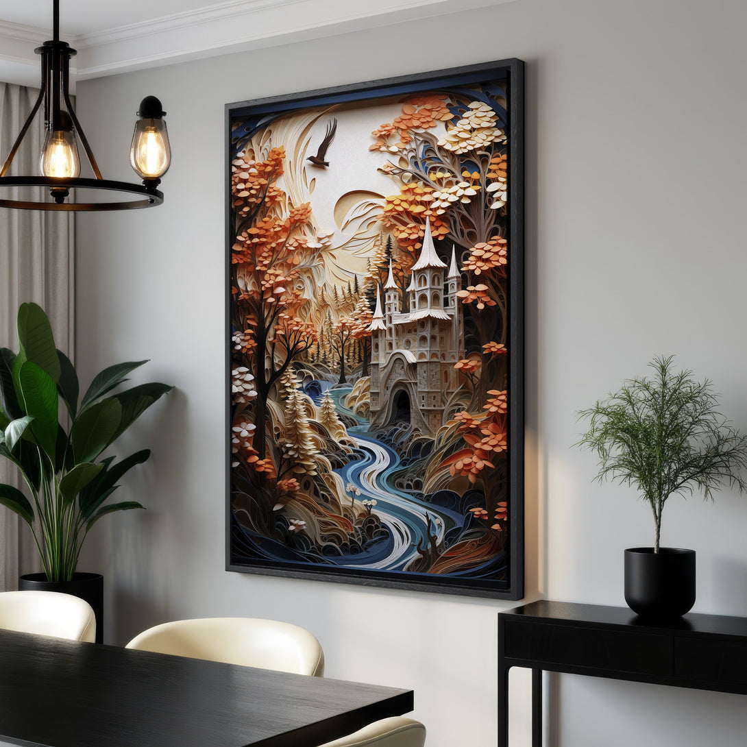 Framed Wall Art: Fantasy landscape Canvas Print with castle, trees, and river. Autumnal color palette with orange, brown, and blue tones.