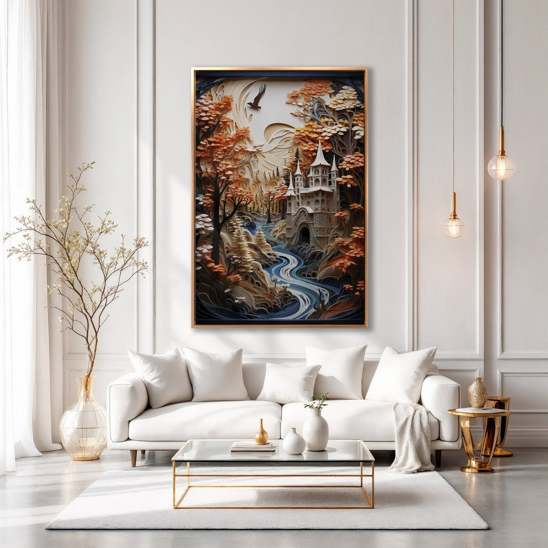Framed Wall Art featuring a fantasy landscape with a castle, in autumnal orange and blue tones. Perfect for adding a touch of whimsy to your home decor.