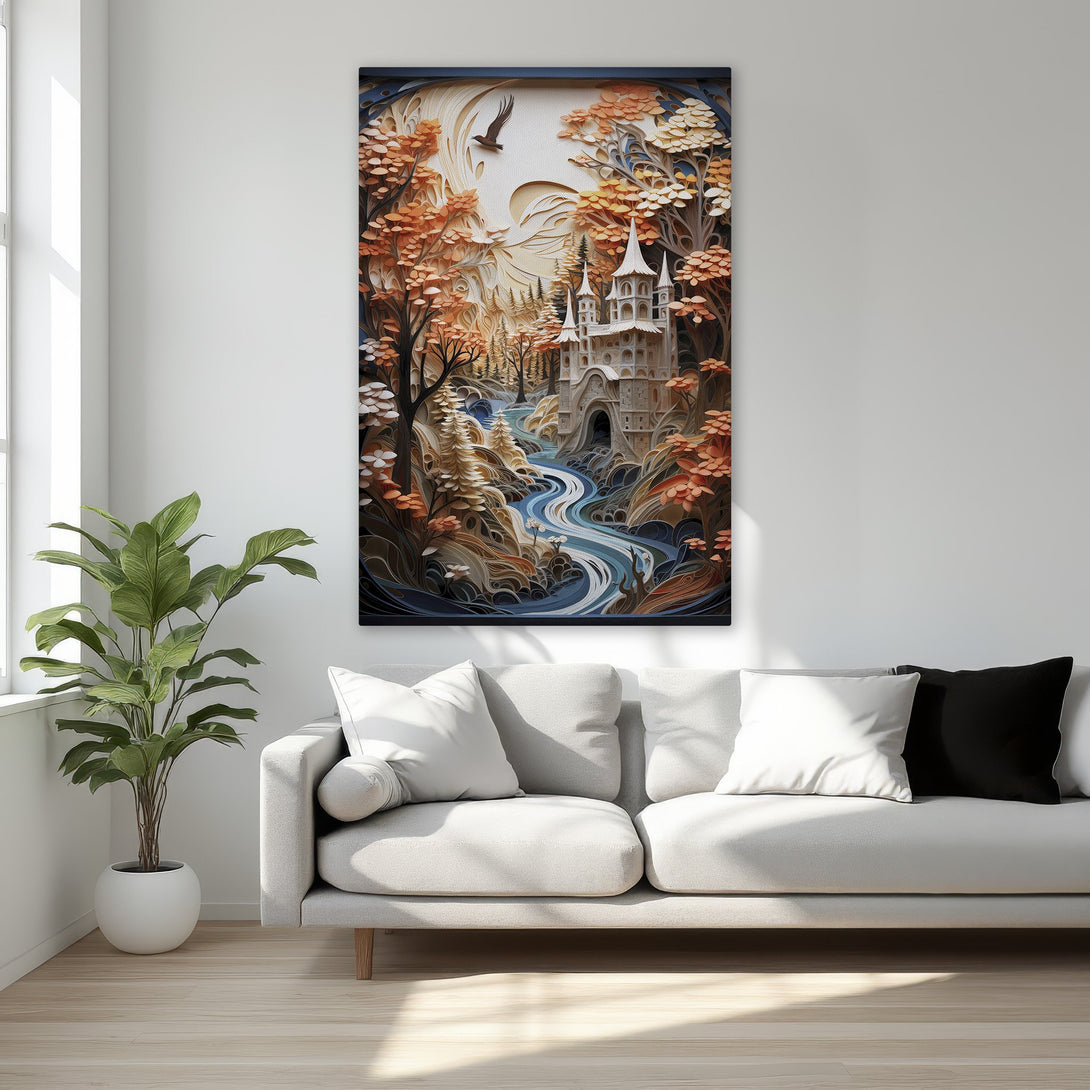 Framed Wall Art featuring a whimsical castle scene with warm orange and blue tones. Perfect for adding a touch of fantasy to your home decor.
