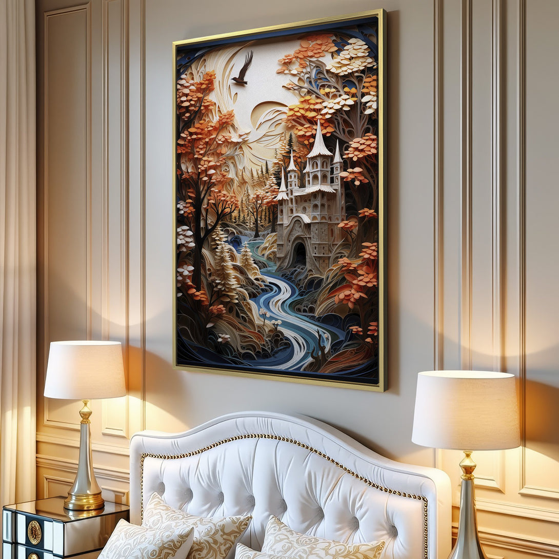 Framed Wall Art: Whimsical castle scene in warm orange and blue tones. Perfect for adding a touch of fantasy to your living room decor.