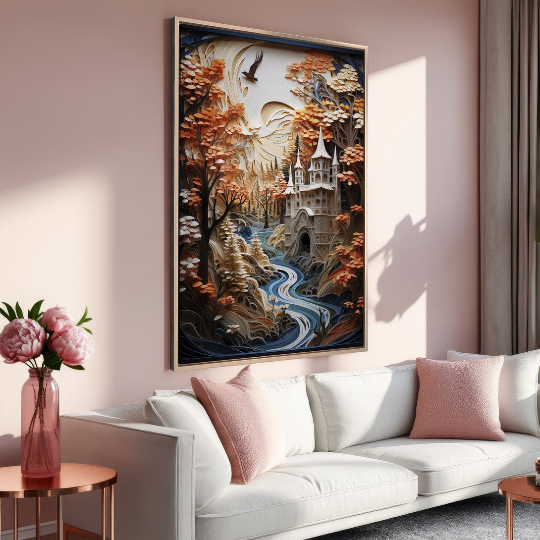 Framed Wall Art: Whimsical landscape Canvas Print featuring a castle, trees, and a river in a warm, autumnal color palette. Perfect for adding a touch of fantasy!