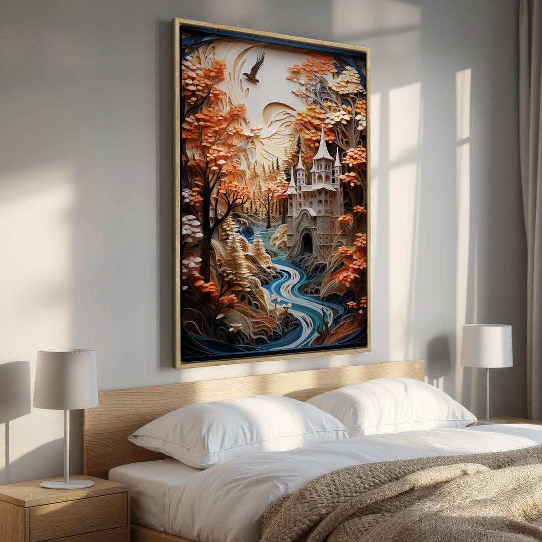 Framed Wall Art: Whimsical castle scene in warm orange & blue tones. Unique paper art style canvas print perfect for bedroom decor. Add art & style!
