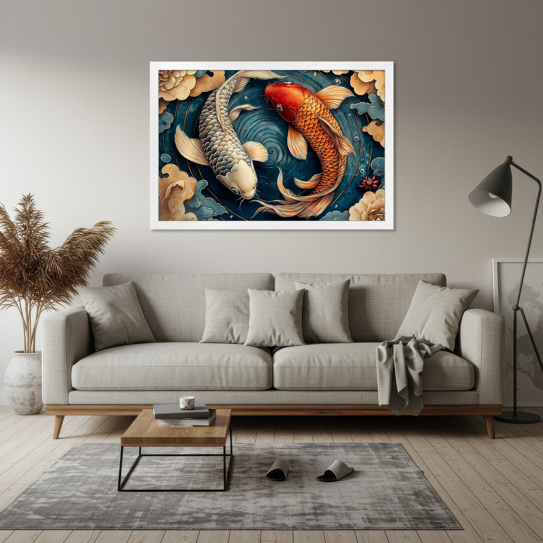 Framed Poster featuring koi fish in a vibrant, artistic style with a teal, gold, and red color palette, perfect for home decor.