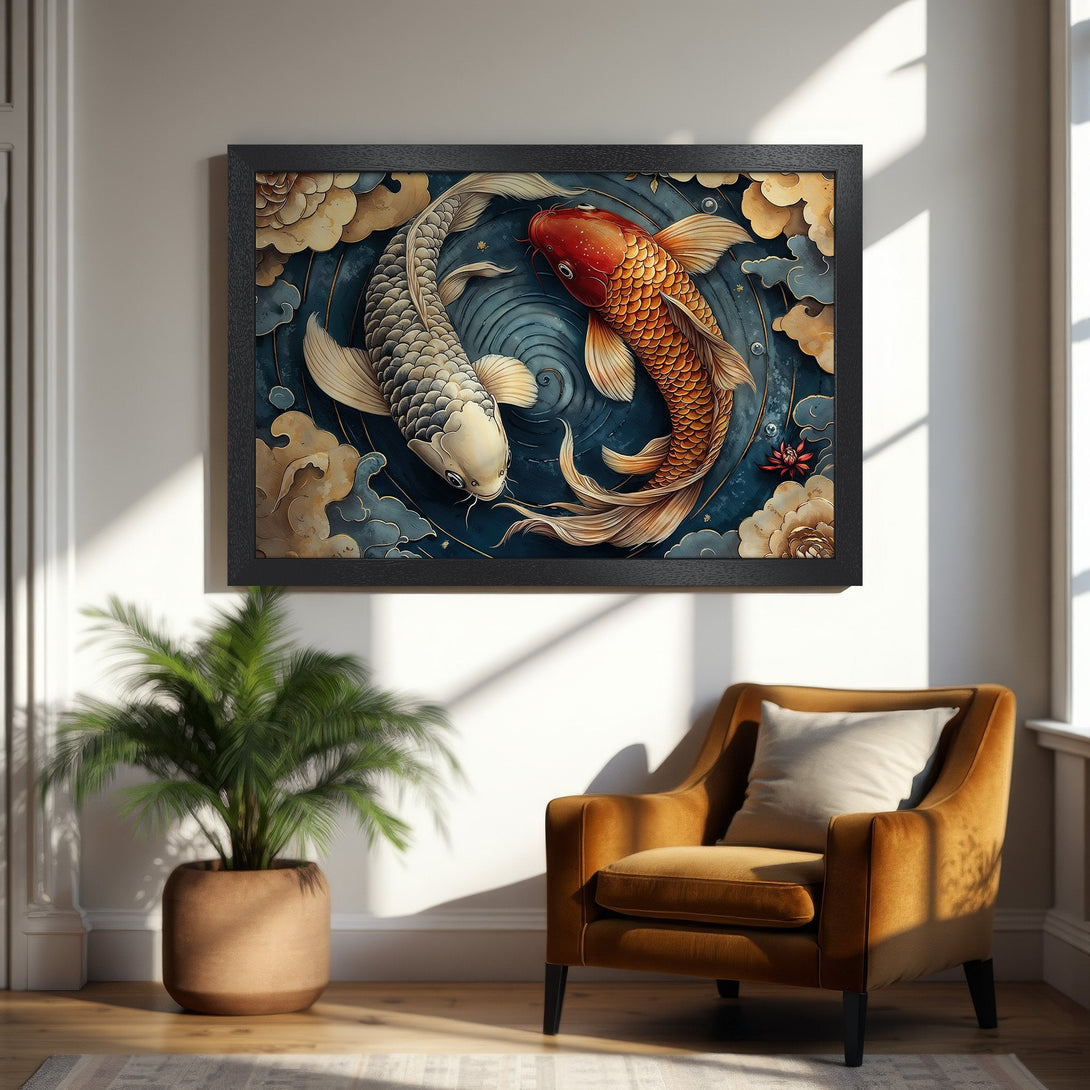 Framed Poster featuring koi fish in a traditional style. Rich blue, gold, and orange color palette. Perfect wall art for your home!