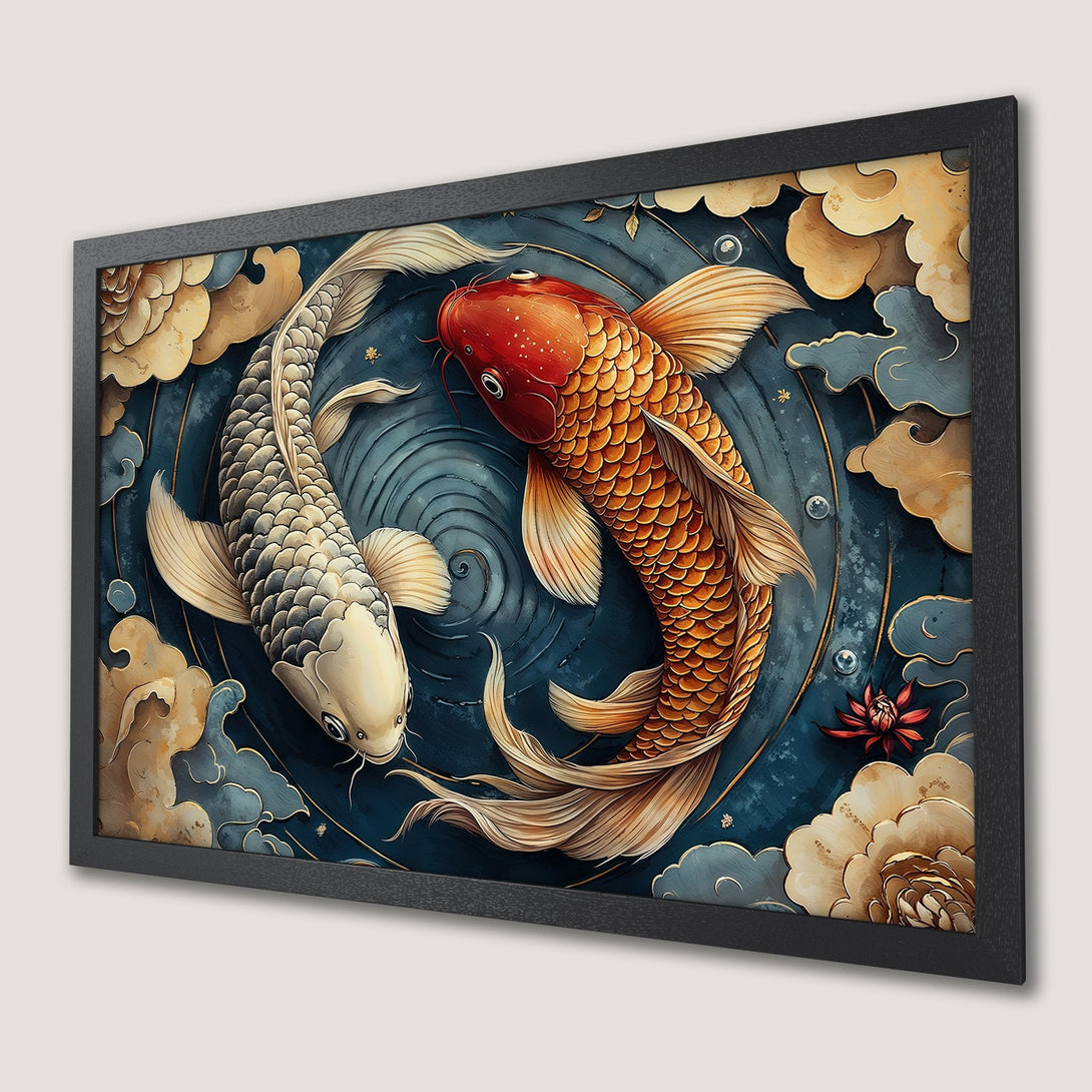 Framed Poster featuring koi fish in a serene, Asian-inspired style. Rich blue, gold, and red color palette for a calming aesthetic.