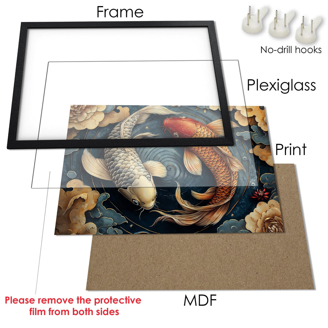 Framed Poster featuring koi fish art in a serene, watercolor style with a blue, gold and orange color palette. Perfect wall decor!