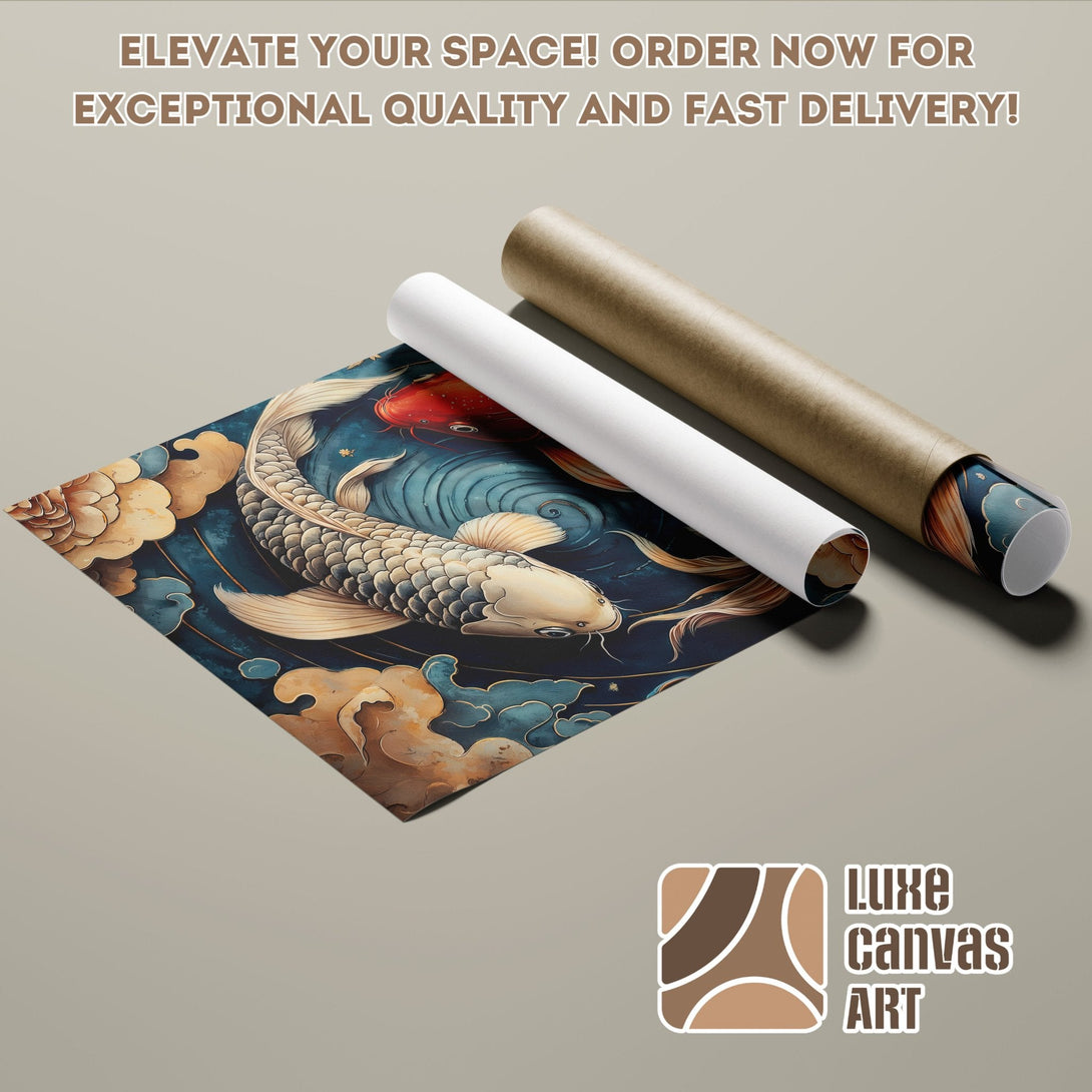 Koi fish Poster Roll art print in teal, gold, and red color palette. Elevate your space!