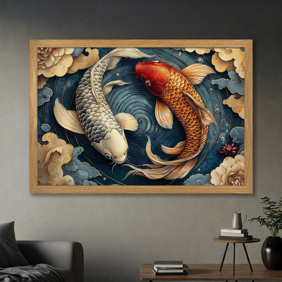 Framed Poster of koi fish in a Japanese art style, featuring a blue, gold, and red color palette for a serene aesthetic.