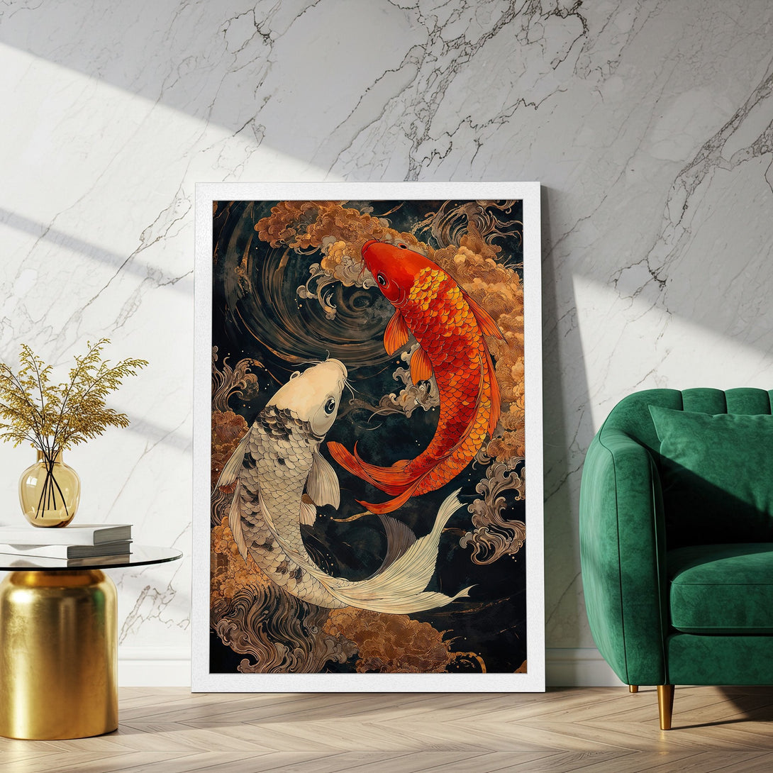 Framed Poster featuring koi fish in a watercolor style, with a dark and gold color palette. Perfect wall art for any space!