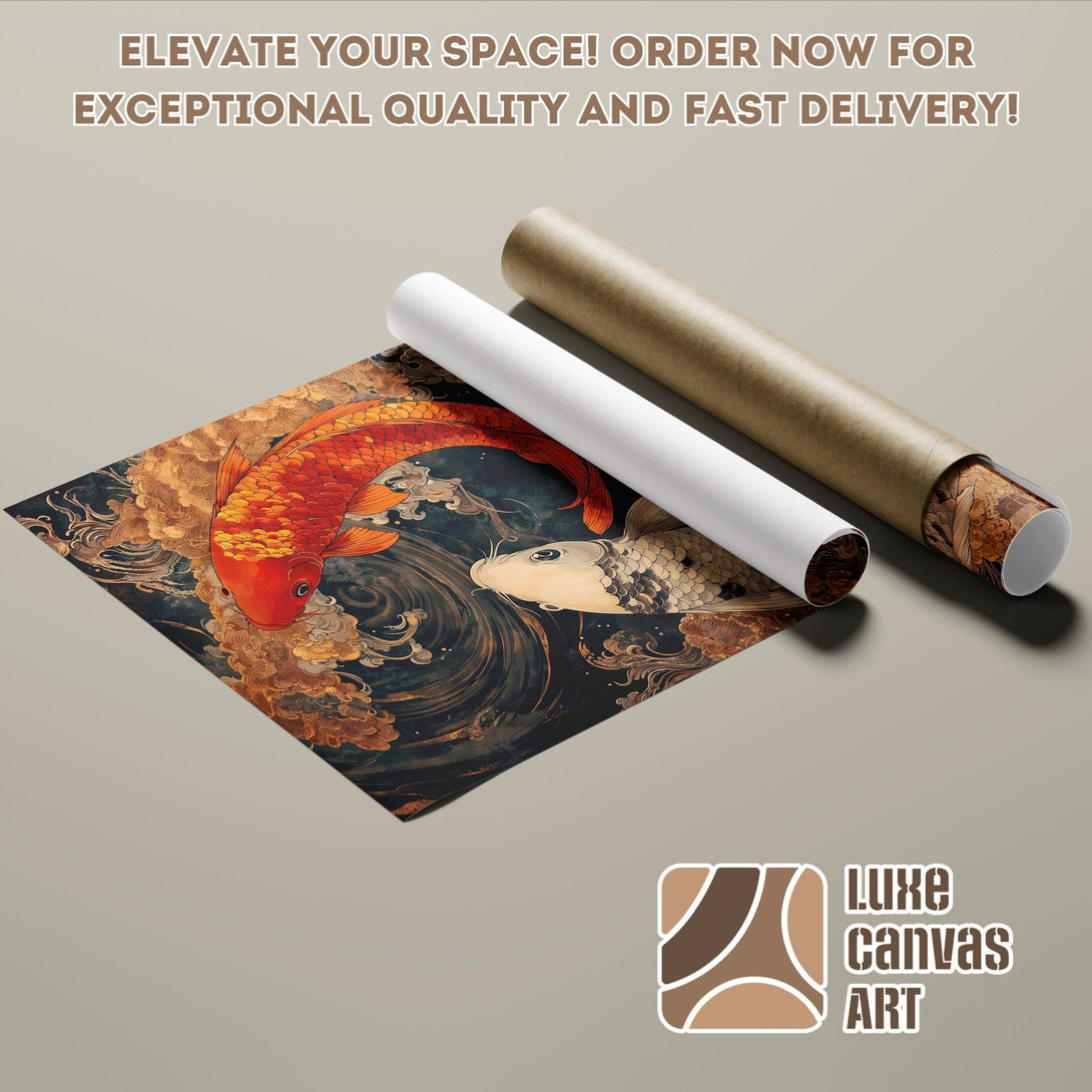 Koi fish art Poster Roll in warm tones. Elevate your space with this stunning wall art!