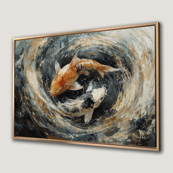 Framed Wall Art featuring koi fish in an abstract, brushstroke style with a neutral, earthy color palette. Perfect for adding zen to your space!