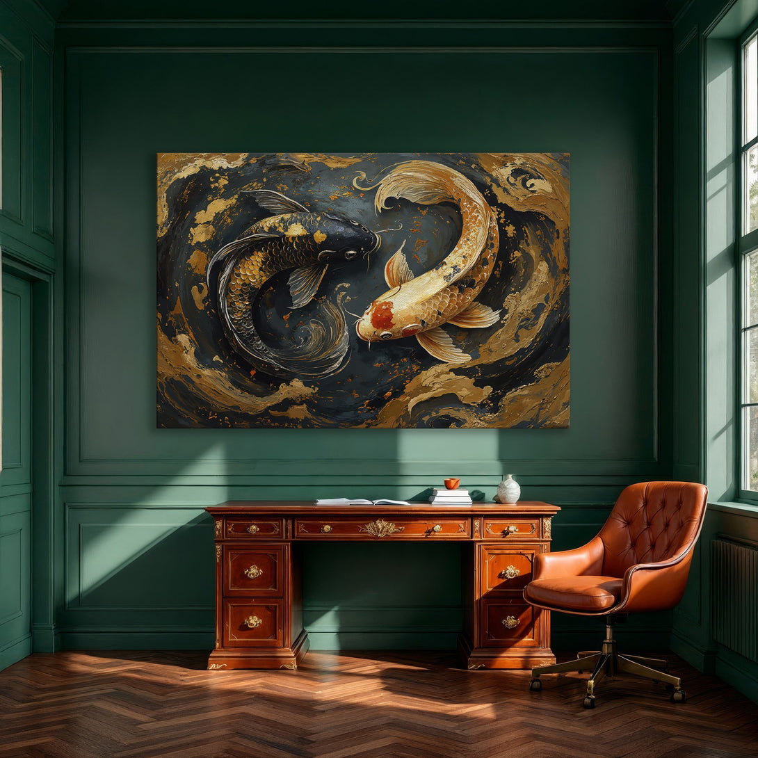 Framed Wall Art: Koi fish painting in gold and teal tones. Perfect for adding a touch of elegance to your dining room. Shop now!