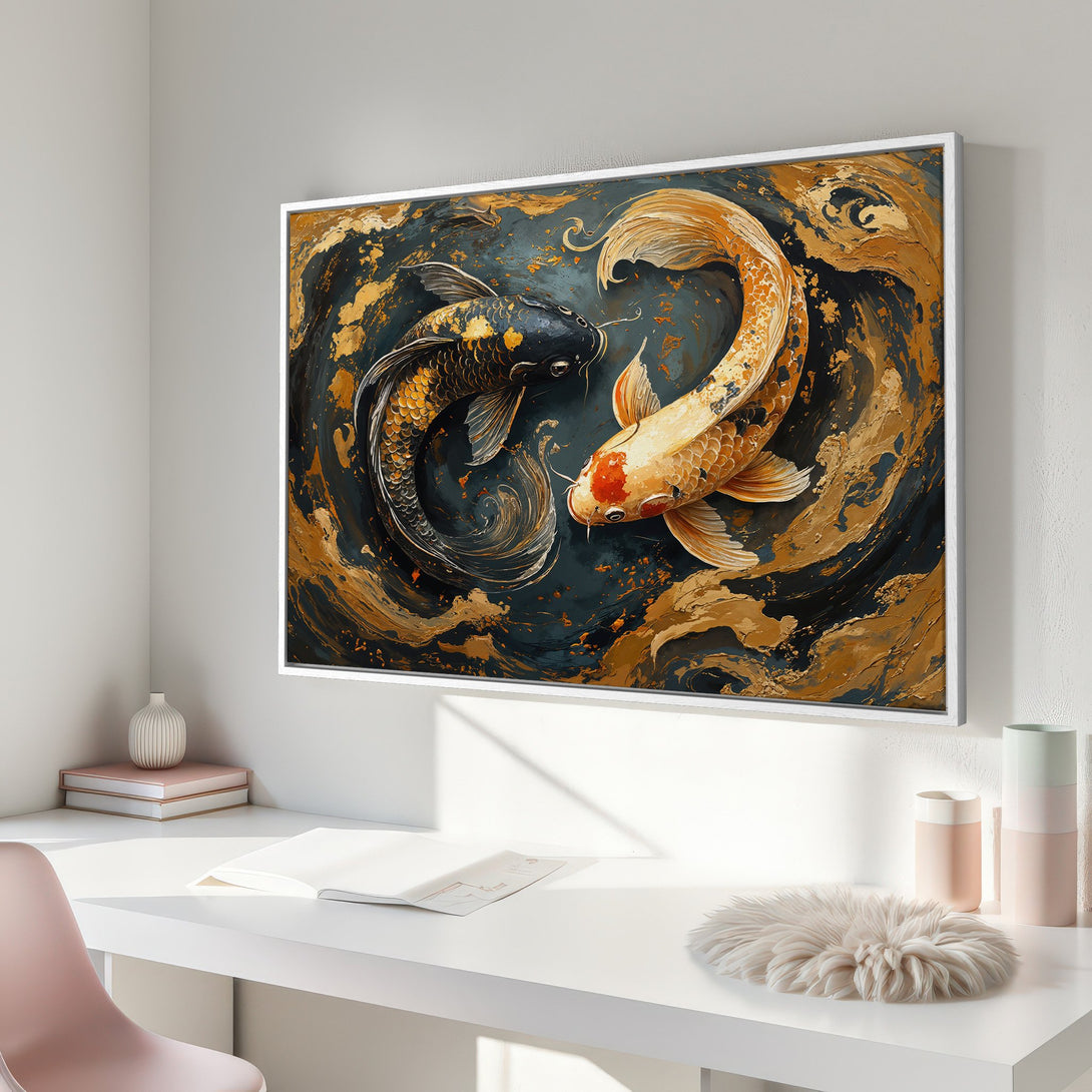 Framed Wall Art featuring koi fish in a modern, abstract style. The Canvas Print showcases a stunning palette of gold, black, and teal, perfect for any home.
