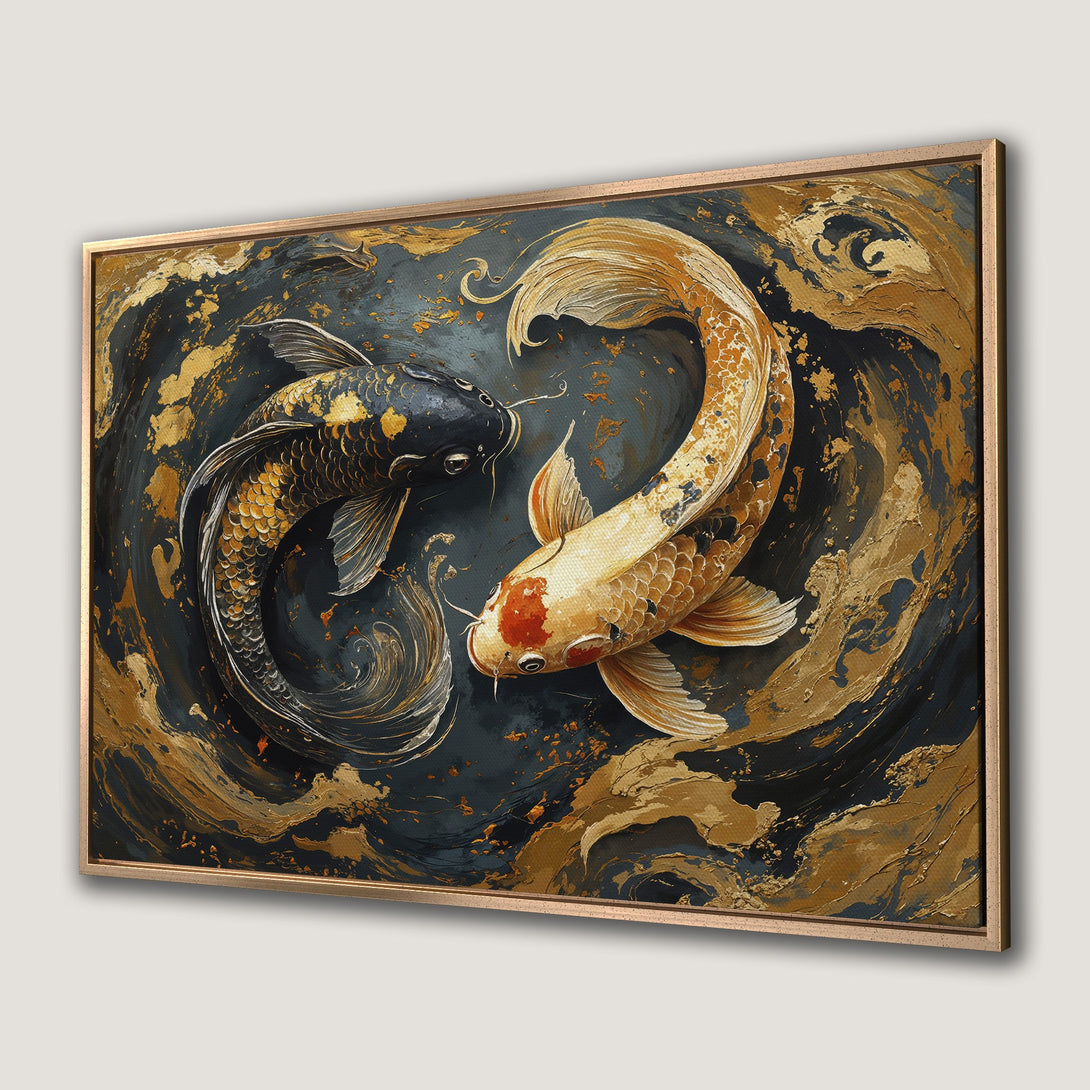 Framed Wall Art: Koi fish painting in dark blue, gold, and black. Abstract style Canvas Print for a modern home.