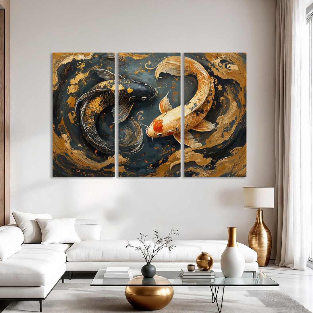 Canvas Print of Koi fish in an abstract style. Features a dark blue and gold color palette, perfect for modern home decor.