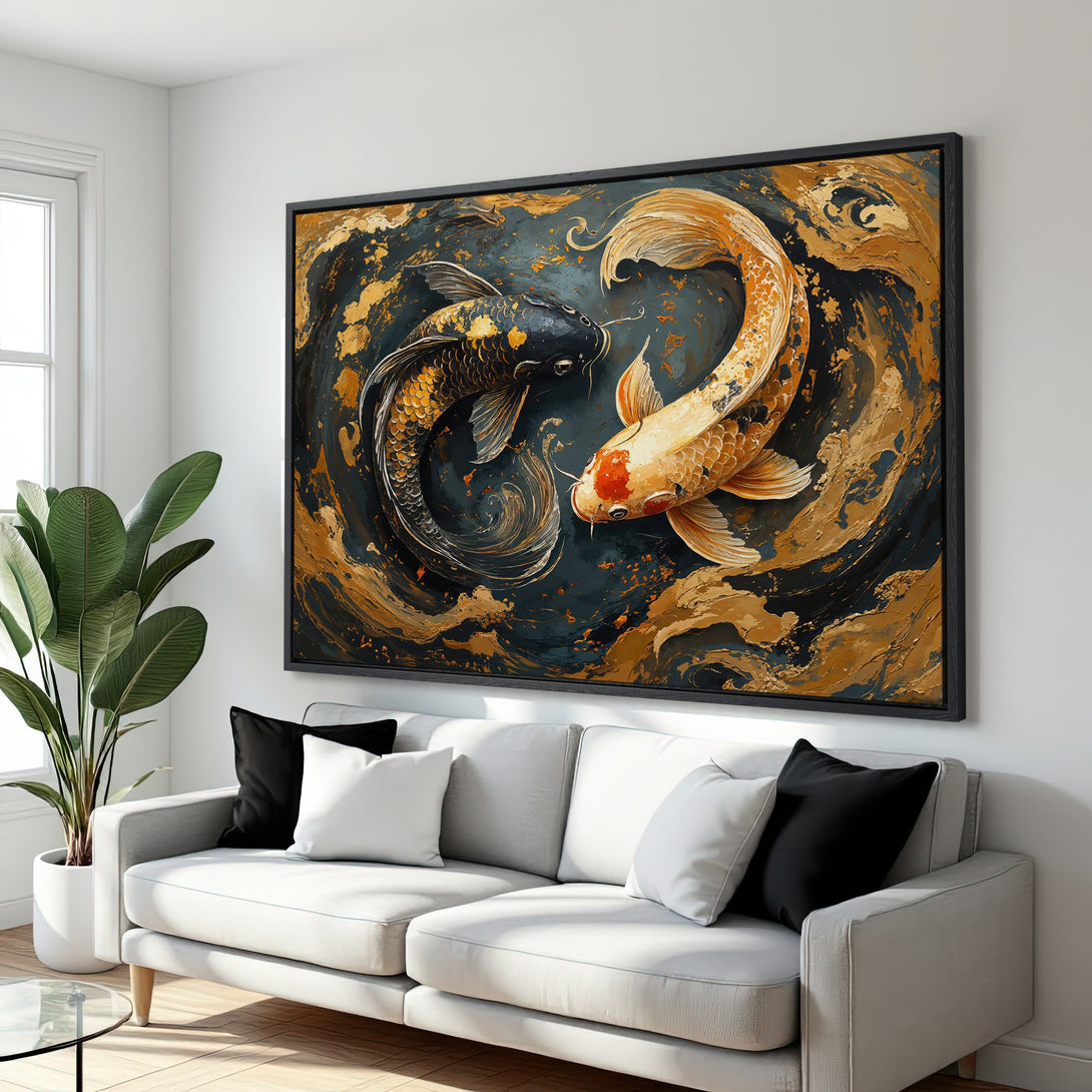 Framed Wall Art: Stunning koi fish painting in gold and teal. Modern abstract style Canvas Print adds elegance to any living room. Shop now!
