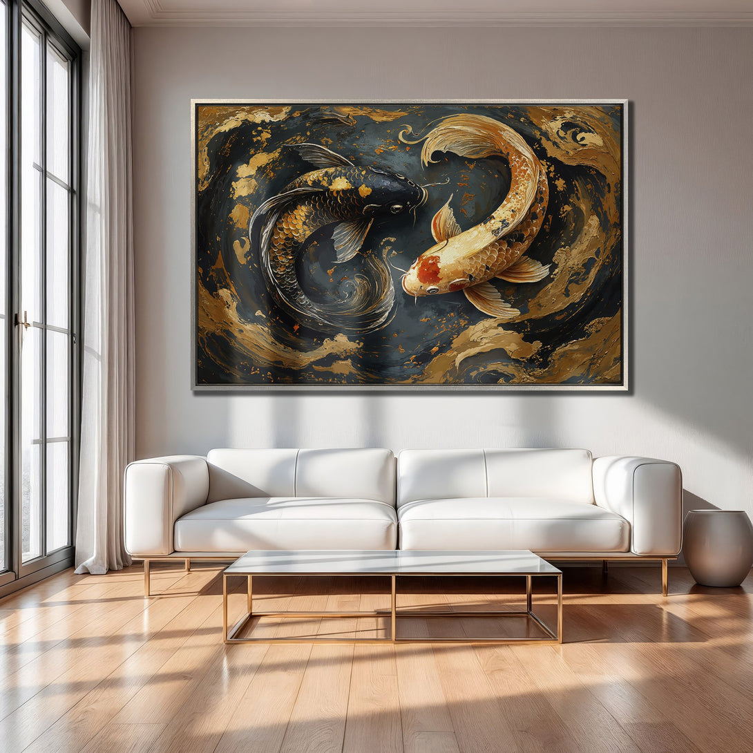 Framed Wall Art: Koi fish painting in gold and black, modern style. Adds a touch of luxury to any interior with its elegant color palette.