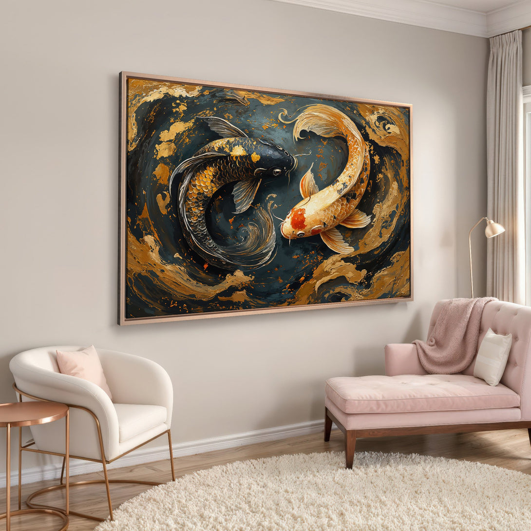Framed Wall Art: Koi fish painting with a gold and teal color palette. Modern abstract art for home decor, adding elegance to any interior.
