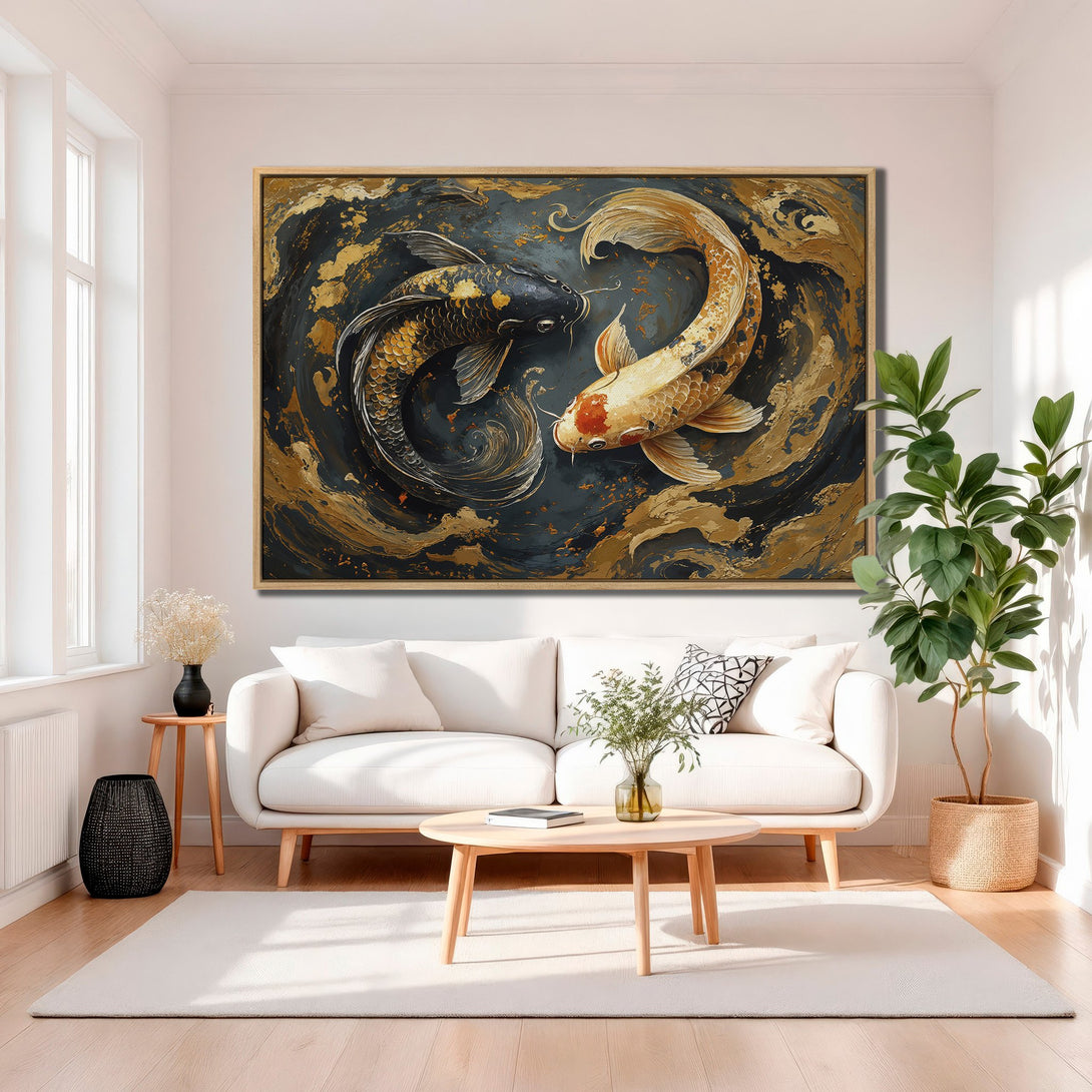 Framed Wall Art featuring koi fish in a modern style with a dark blue and gold color palette. Elevate your space with this stunning canvas print!