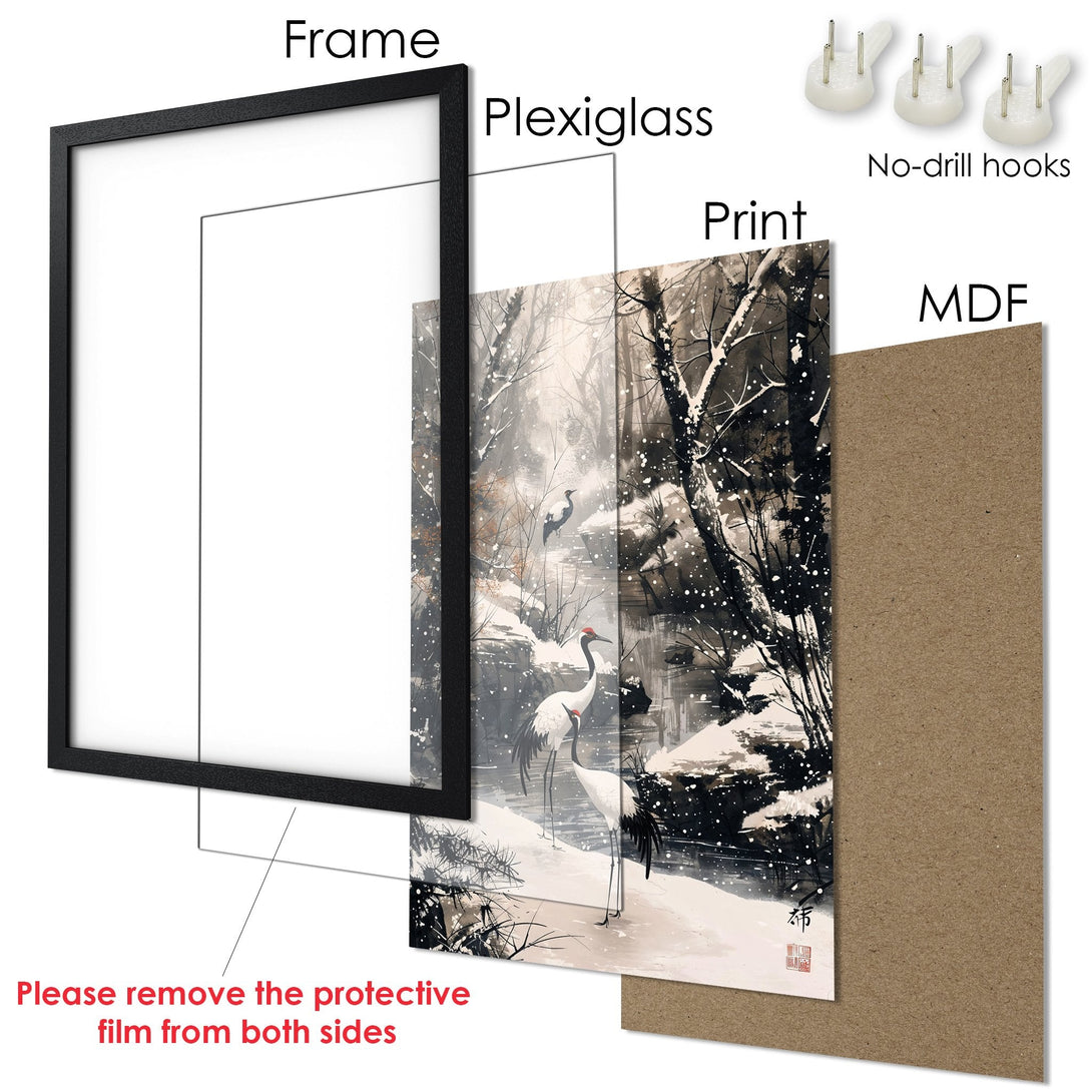 Framed Poster featuring a serene winter scene with cranes, in a Japanese-inspired style with a muted color palette. Perfect wall art!