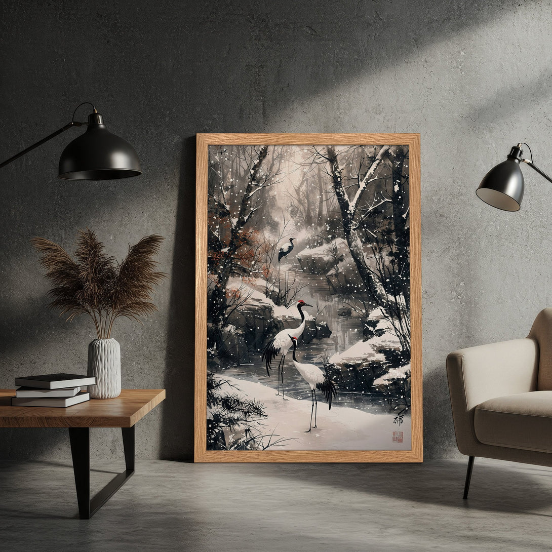 Framed Poster featuring a serene winter landscape with cranes, in a Japanese ink wash style. Neutral color palette with pops of red.