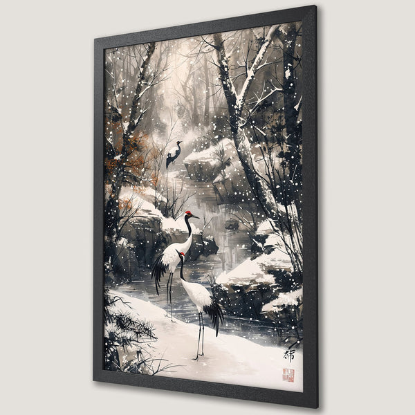 Framed Poster featuring Japanese cranes in a snowy forest. Elegant ink wash style with a muted, neutral color palette. Perfect wall art.