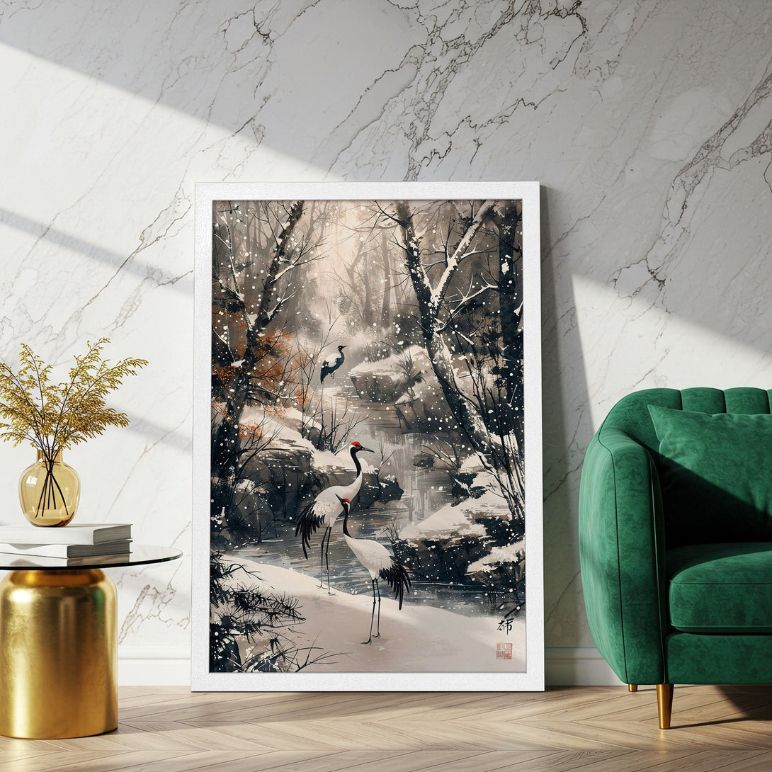 Framed Poster featuring Japanese cranes in a snowy landscape. Elegant, minimalist style with a muted, natural color palette. Perfect wall art!