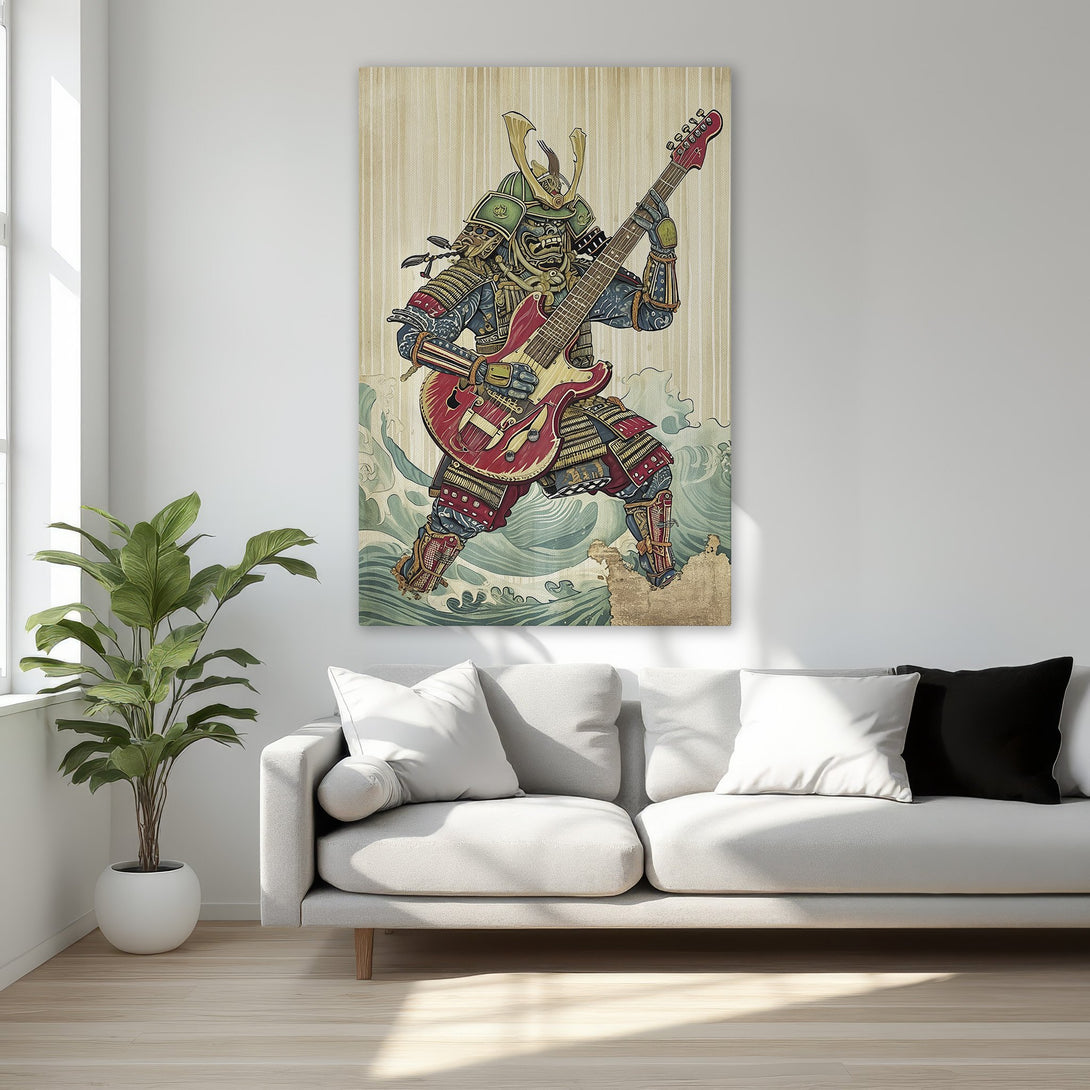 Framed Wall Art: Samurai playing guitar. Bold, colorful illustration with a gold frame. Perfect for adding a unique touch to your space!